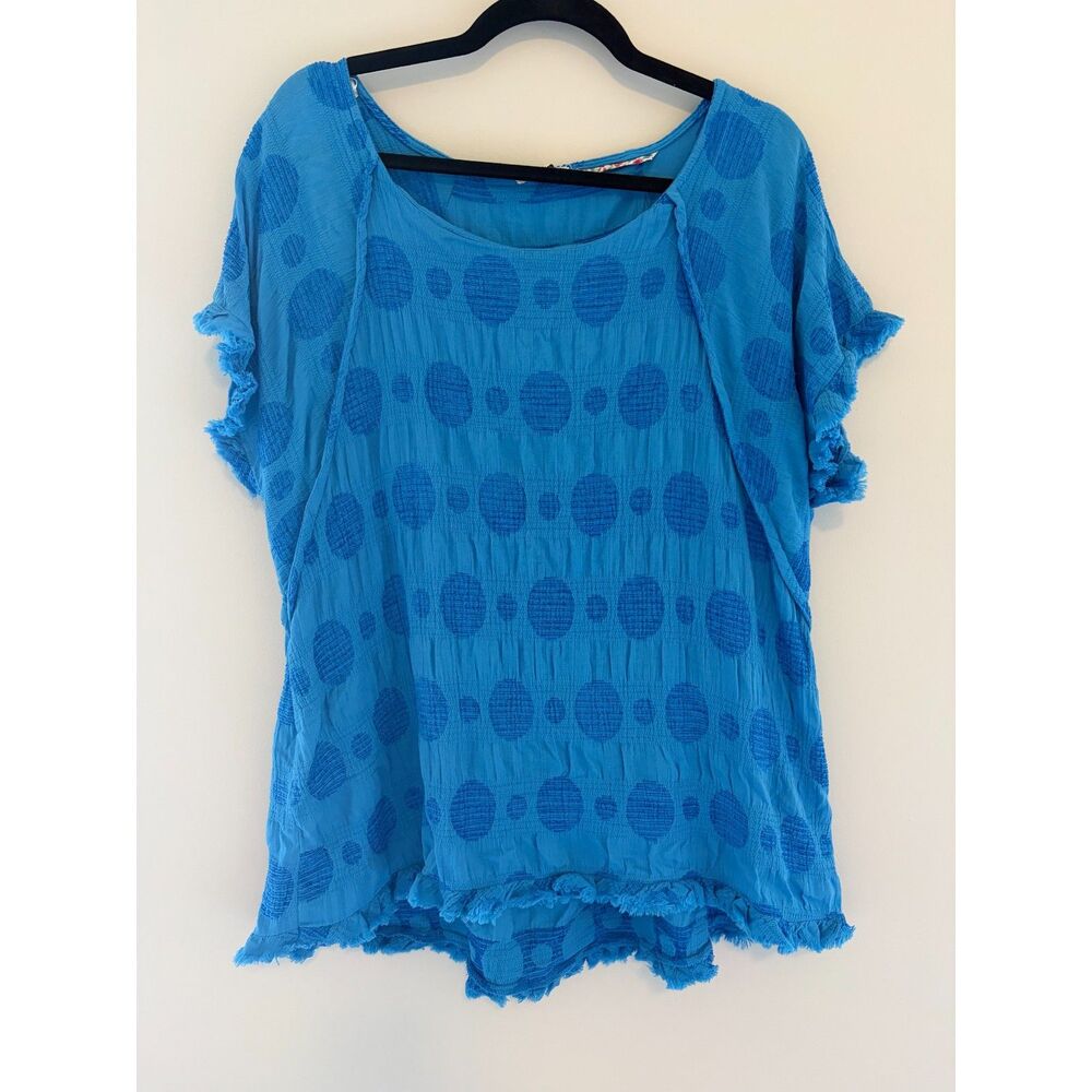Umgee 100% Cotton Blue Polka Dot Relaxed Fit Blouse Top Size Large